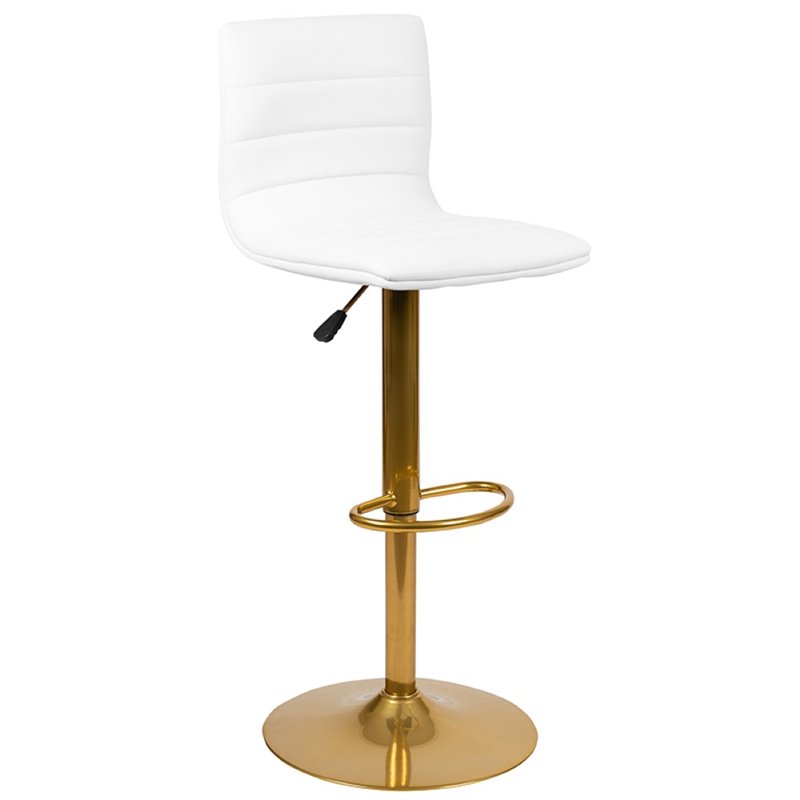 Maklaine Adjustable Faux Leather Bar Stool in White and Gold (Set of 2)