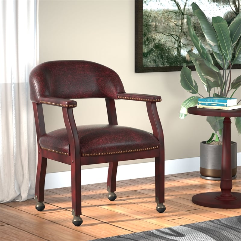 Maklaine Faux Leather Executive Mobile Guest Chair in Burgundy
