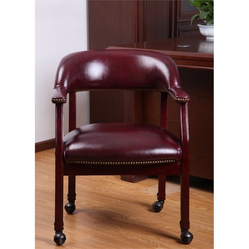 Maklaine Faux Leather Executive Mobile Guest Chair in Burgundy