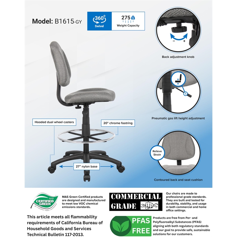 Maklaine Contoured Comfort Rolling Fabric Drafting Stool in Gray