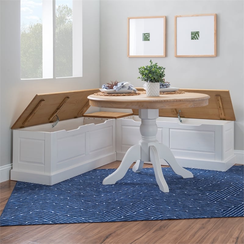 Maklaine Two Tone Backless Wooden Storage Nook in Natural and White
