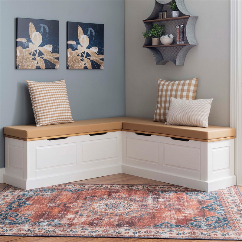 Maklaine Two Tone Backless Wooden Storage Nook in Natural and White