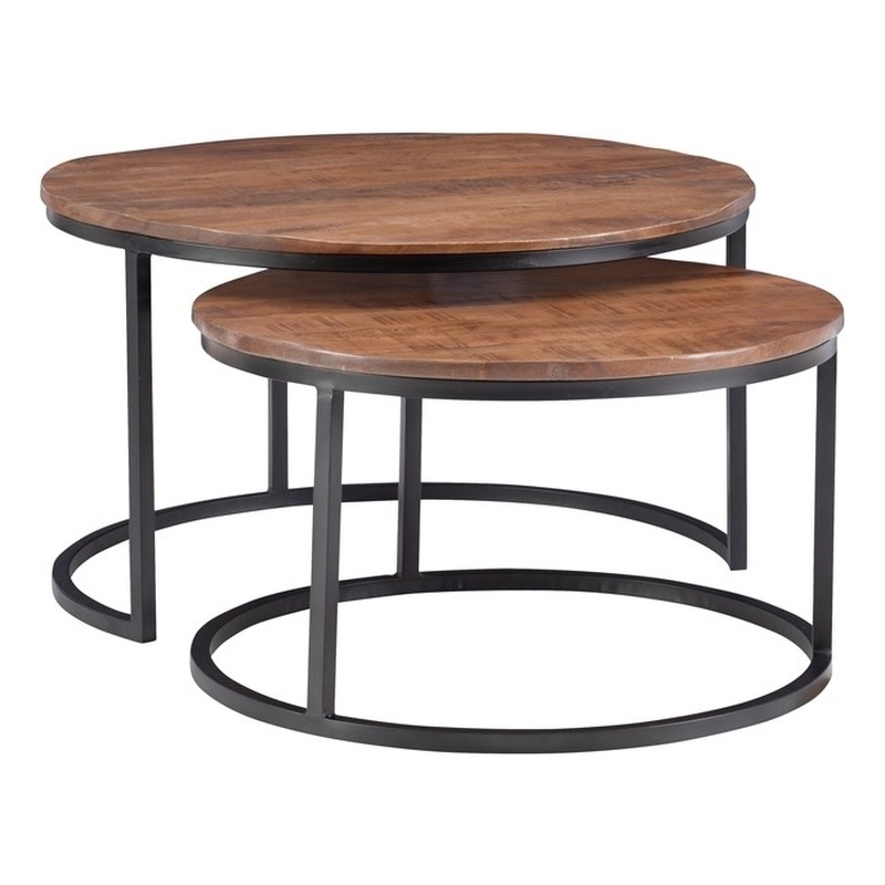 Maklaine Round Wood Nesting Coffee Tables (Set of 2) in Black Matte Iron