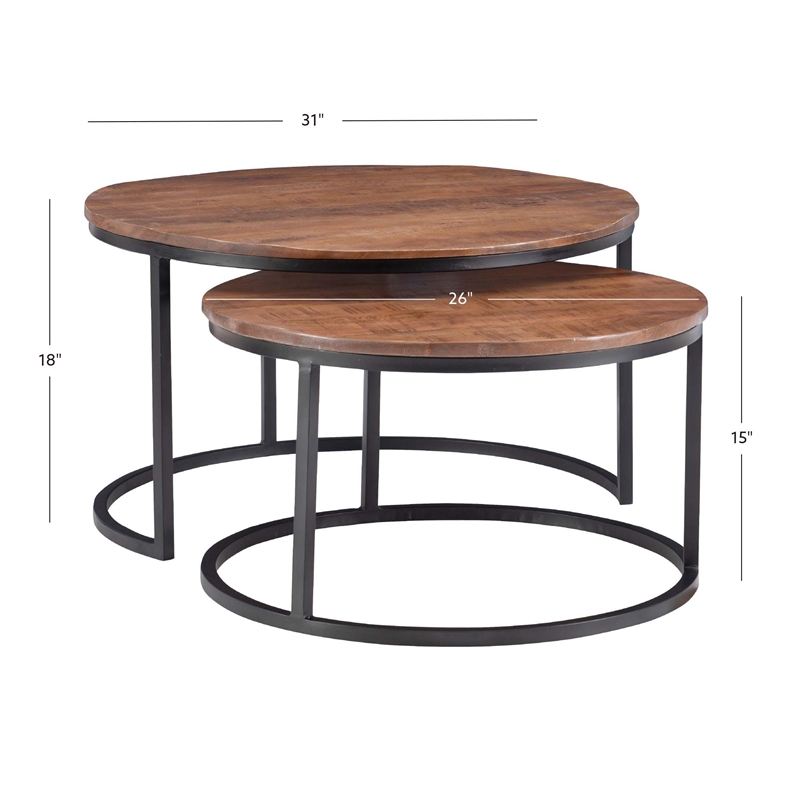 Maklaine Round Wood Nesting Coffee Tables (Set of 2) in Black Matte Iron