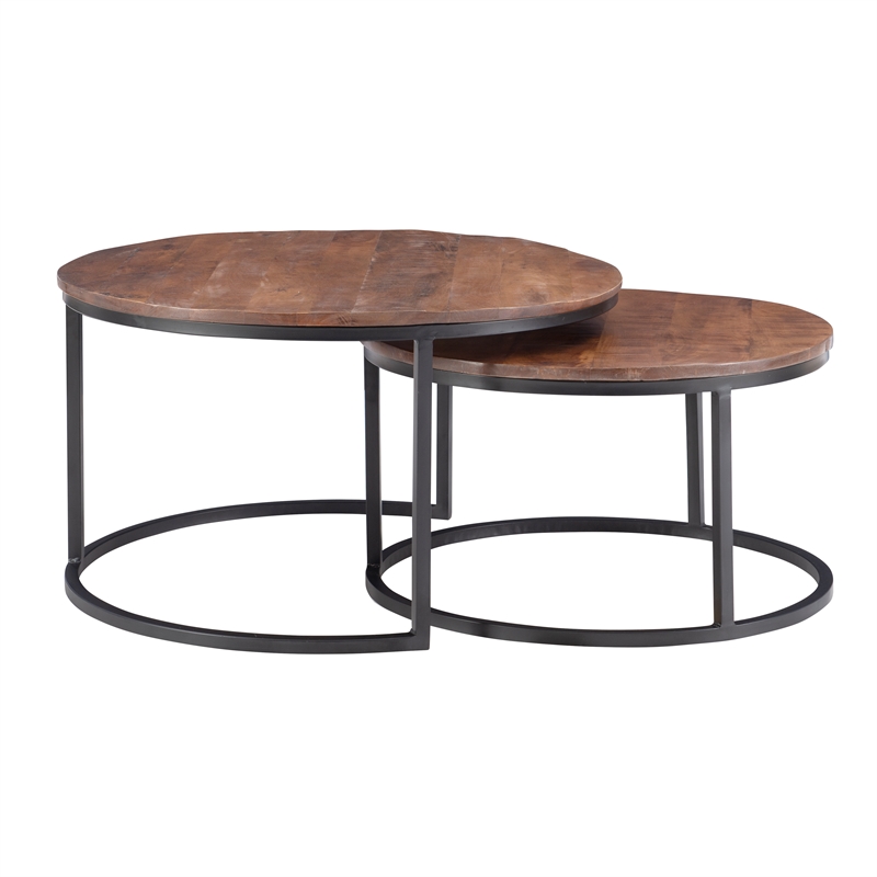 Maklaine Round Wood Nesting Coffee Tables (Set of 2) in Black Matte Iron
