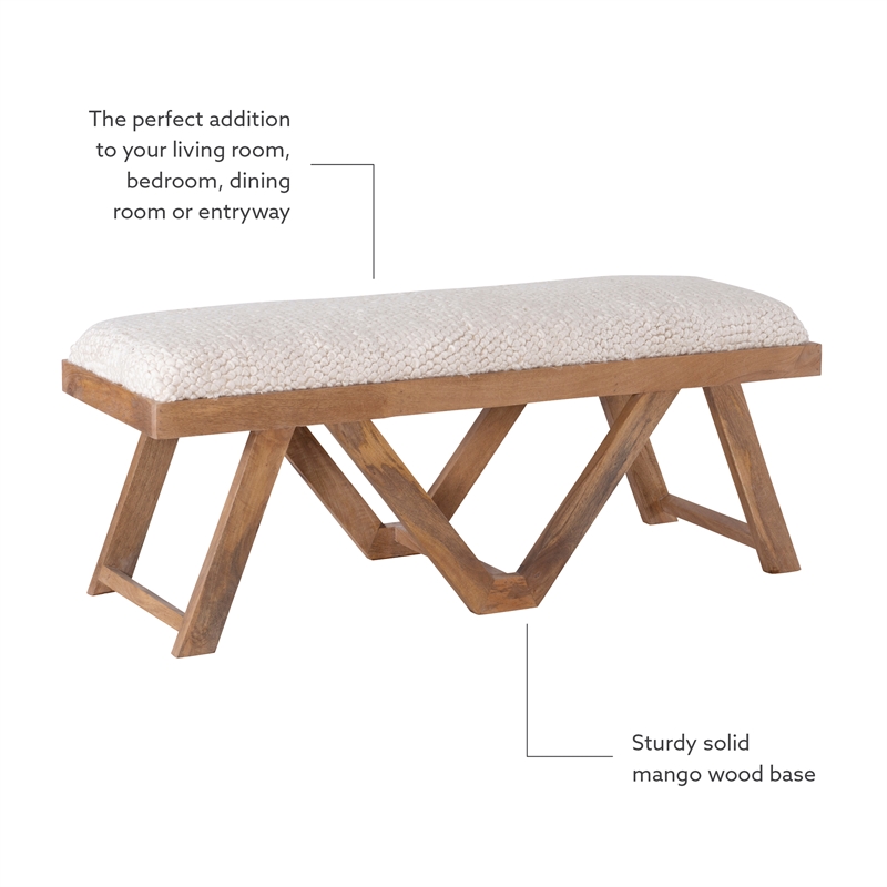 Maklaine Sturdy Rustic Wood Bench with White Shaggy Handwoven Cushion in Brown