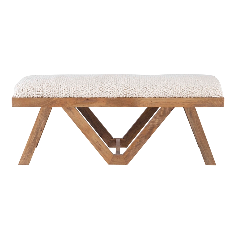 Maklaine Sturdy Rustic Wood Bench with White Shaggy Handwoven Cushion in Brown