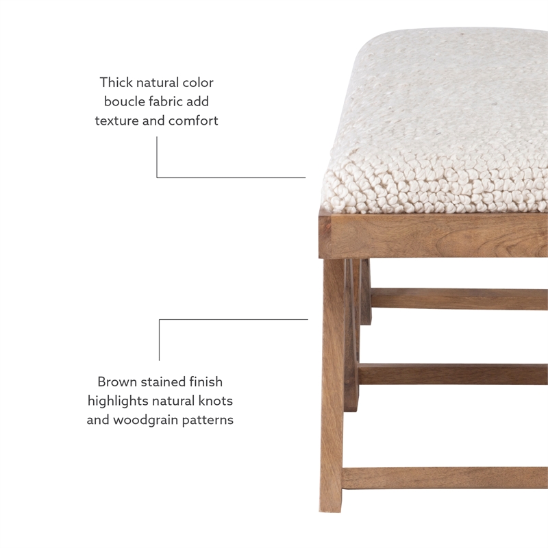 Maklaine Sturdy Rustic Wood Bench with White Shaggy Handwoven Cushion in Brown