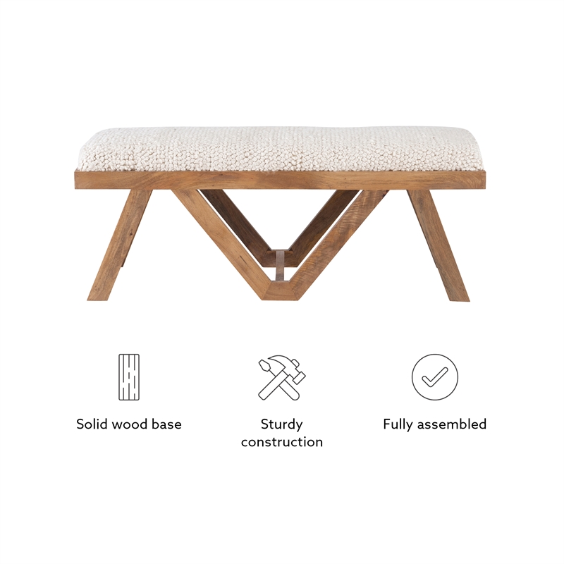 Maklaine Sturdy Rustic Wood Bench with White Shaggy Handwoven Cushion in Brown