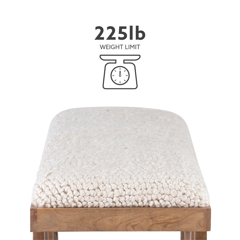 Maklaine Sturdy Rustic Wood Bench with White Shaggy Handwoven Cushion in Brown