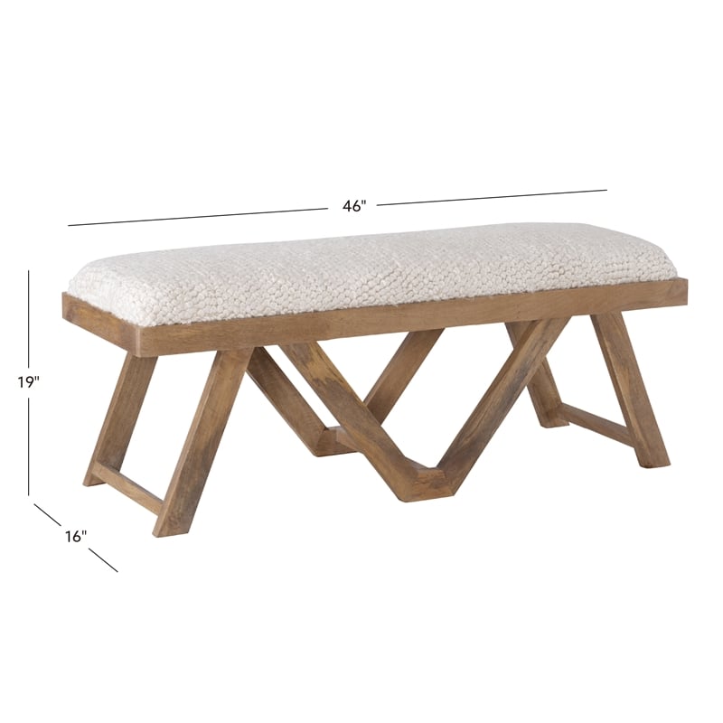 Maklaine Sturdy Rustic Wood Bench with White Shaggy Handwoven Cushion in Brown
