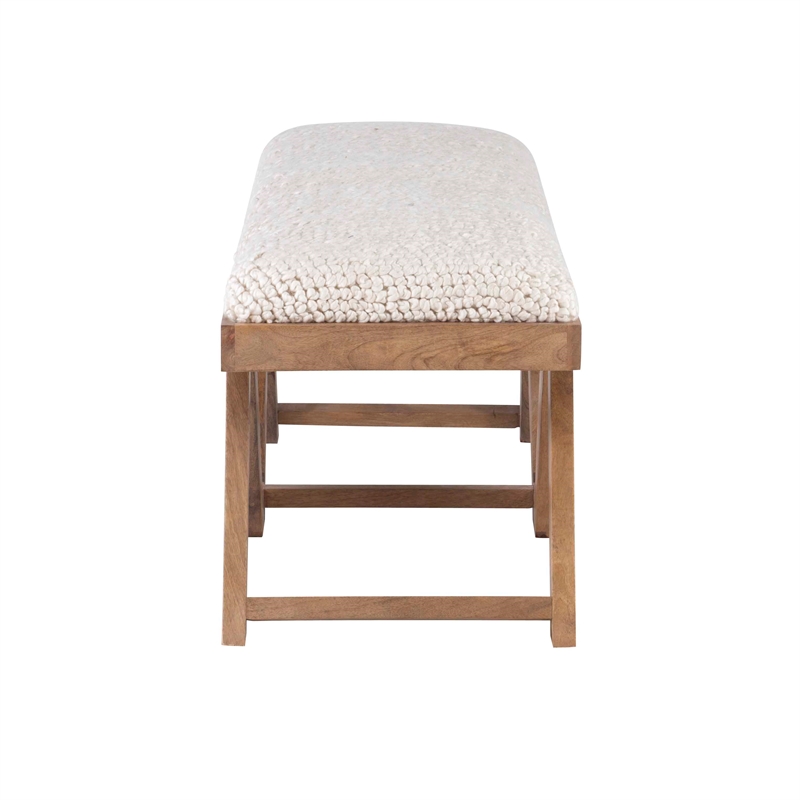 Maklaine Sturdy Rustic Wood Bench with White Shaggy Handwoven Cushion in Brown