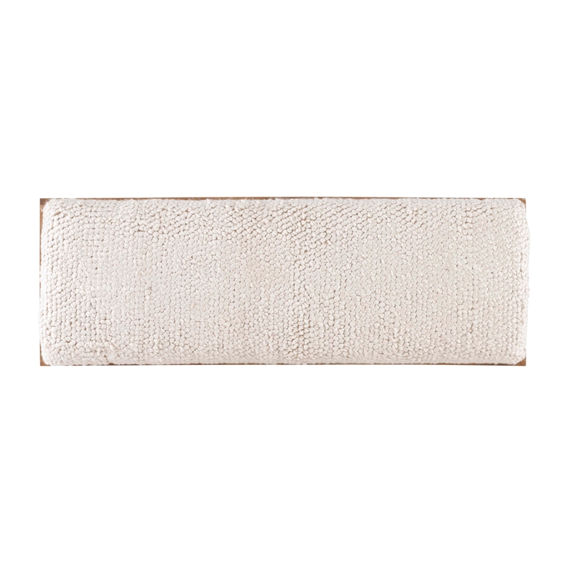 Maklaine Sturdy Rustic Wood Bench with White Shaggy Handwoven Cushion in Brown