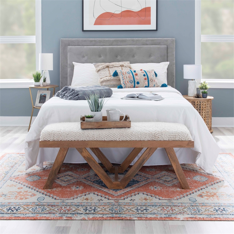 Maklaine Sturdy Rustic Wood Bench with White Shaggy Handwoven Cushion in Brown
