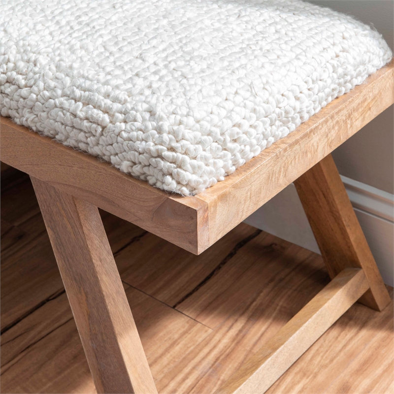 Maklaine Sturdy Rustic Wood Bench with White Shaggy Handwoven Cushion in Brown