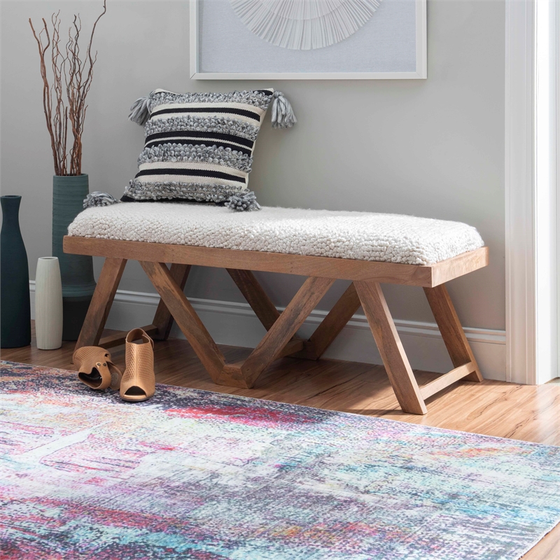 Maklaine Sturdy Rustic Wood Bench with White Shaggy Handwoven Cushion in Brown