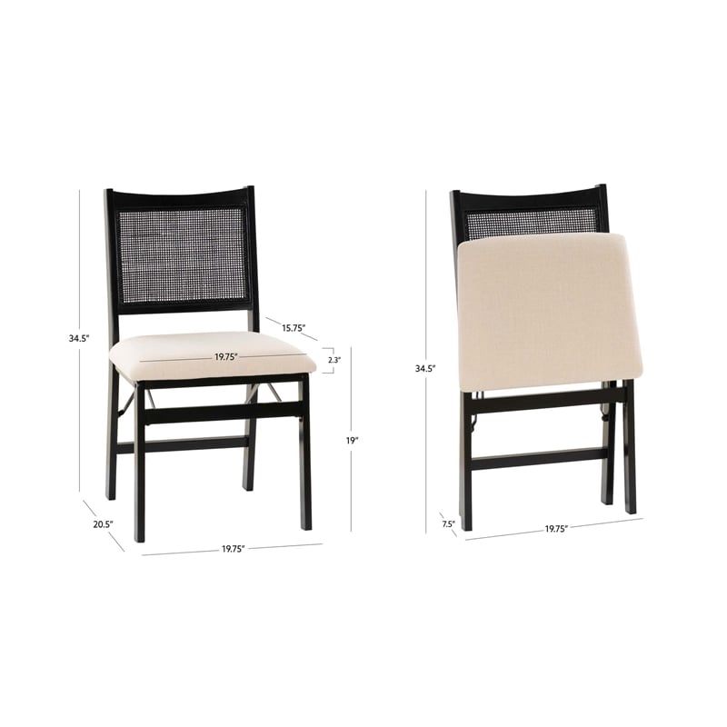 Maklaine Folding Side Chair Woven Cane Back Beige Padded Seat in Black Wood
