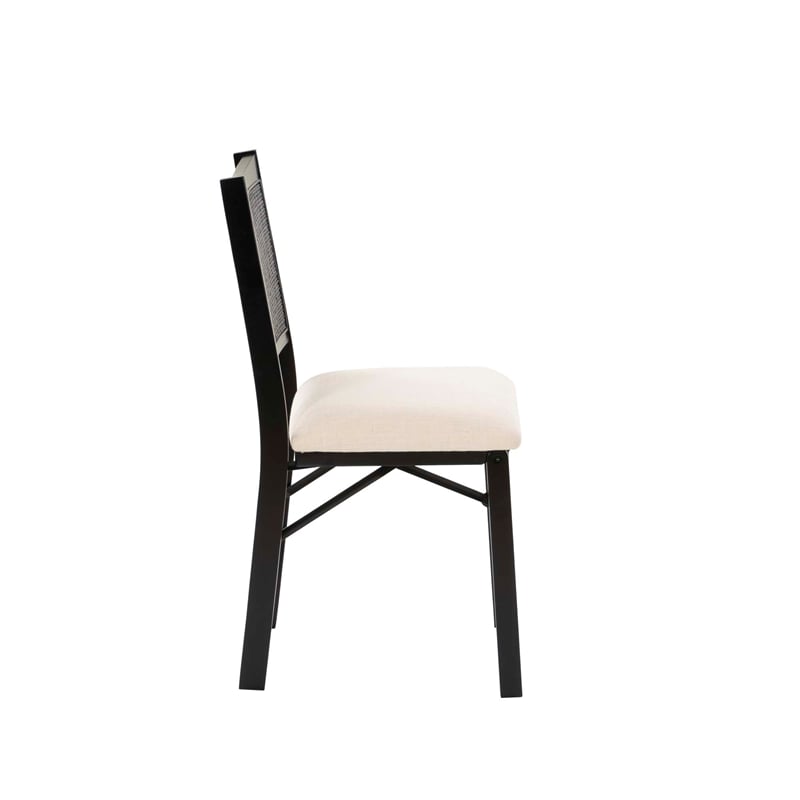 Maklaine Folding Side Chair Woven Cane Back Beige Padded Seat in Black Wood