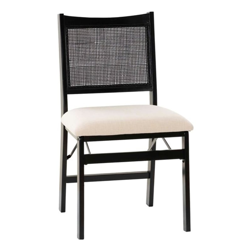 Maklaine Folding Side Chair Woven Cane Back Beige Padded Seat in Black Wood