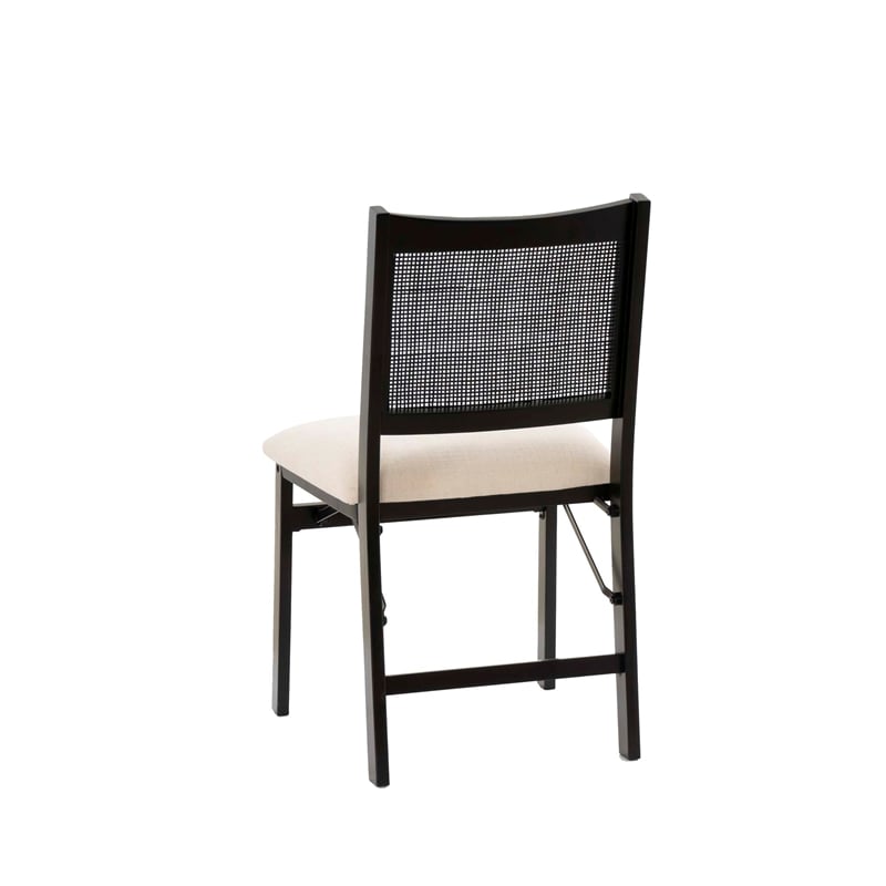 Maklaine Folding Side Chair Woven Cane Back Beige Padded Seat in Black Wood