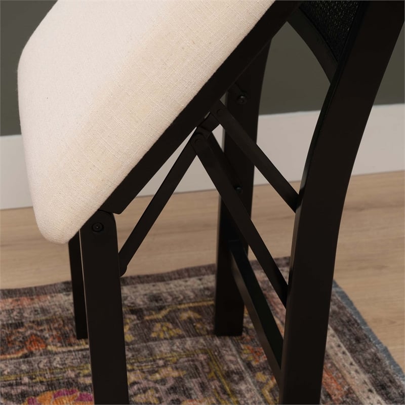 Maklaine Folding Side Chair Woven Cane Back Beige Padded Seat in Black Wood