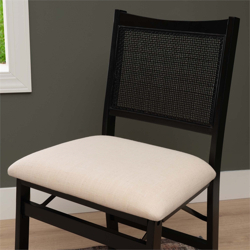 Maklaine Folding Side Chair Woven Cane Back Beige Padded Seat in Black Wood