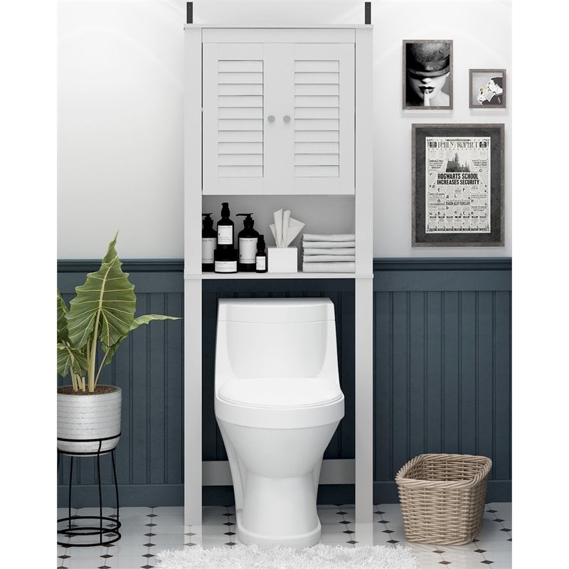 Maklaine Contemporary Engineered Wood Louver Door Bath Cabinet in White