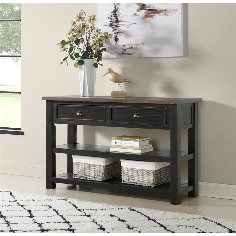 Maklaine Farmhouse Wood 2 Drawer Sofa Console Table Black and Brown
