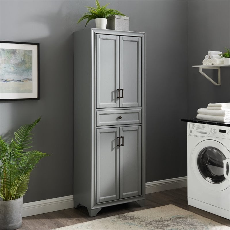 Maklaine Traditional Wood 4 Door Pantry in Distressed Gray/Black