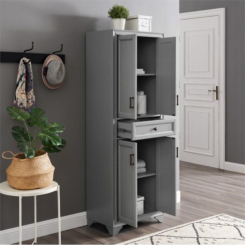 Maklaine Traditional Wood 4 Door Pantry in Distressed Gray/Black