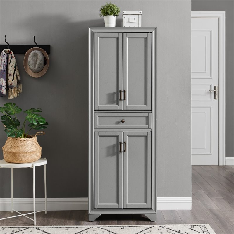 Maklaine Traditional Wood 4 Door Pantry in Distressed Gray/Black