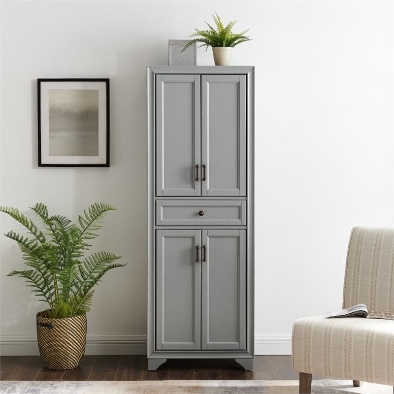 Maklaine Traditional Wood 4 Door Pantry in Distressed Gray/Black