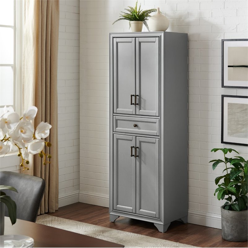 Maklaine Traditional Wood 4 Door Pantry in Distressed Gray/Black