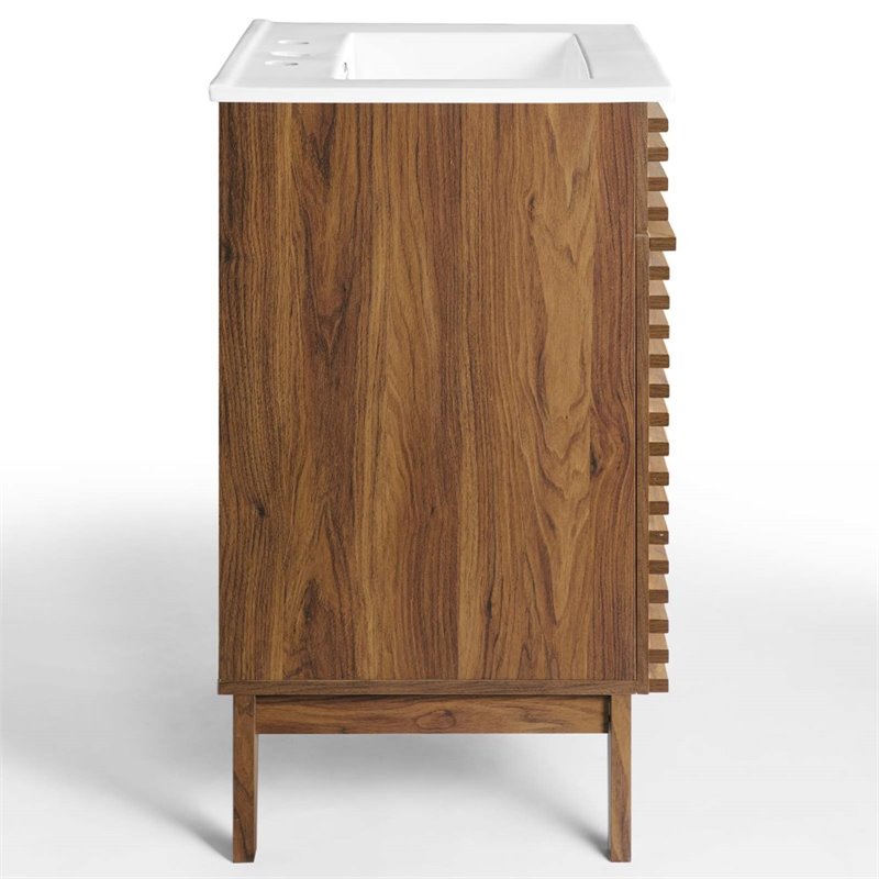 Maklaine Contemporary Wood Bathroom Vanity in Walnut and White