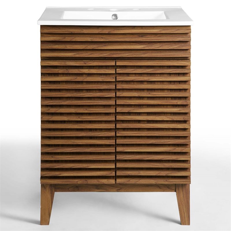 Maklaine Contemporary Wood Bathroom Vanity in Walnut and White