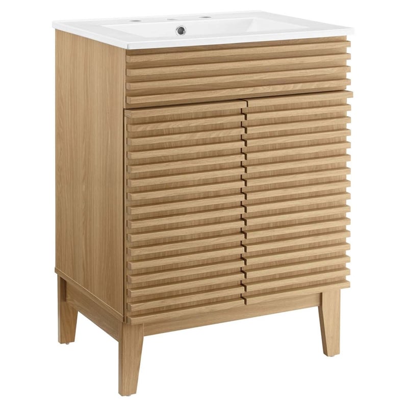 Maklaine Modern / Contemporary Wood Bathroom Vanity in Oak and White
