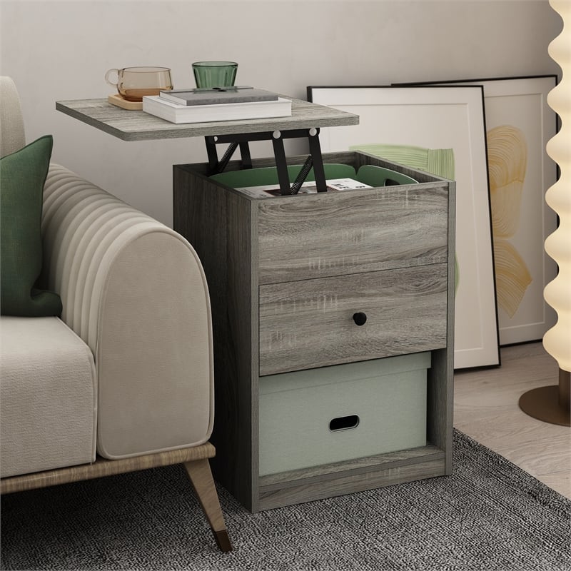Maklaine Contemporary Lift Top Nightstand in French Oak Gray