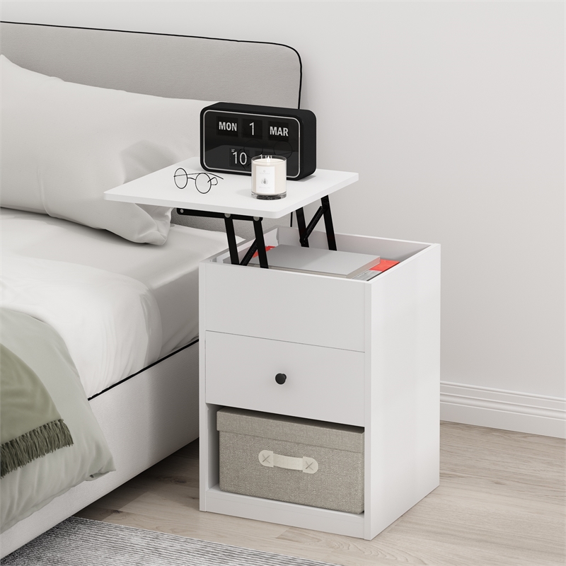 Maklaine Engineered Wood Contemporary Lift Top Nightstand in Solid White
