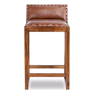 Maklaine Mid-Century Modern Design Square Genuine Leather Counter Stool in Tan