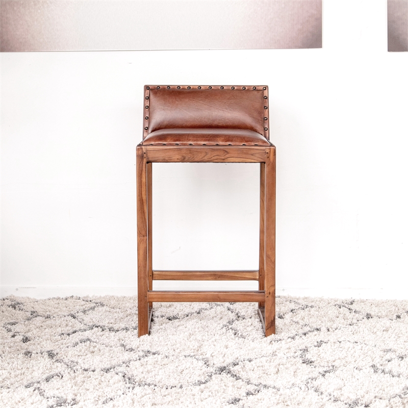 Maklaine Mid-Century Modern Design Square Genuine Leather Counter Stool in Tan