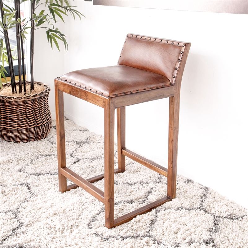 Maklaine Mid-Century Modern Design Square Genuine Leather Counter Stool in Tan
