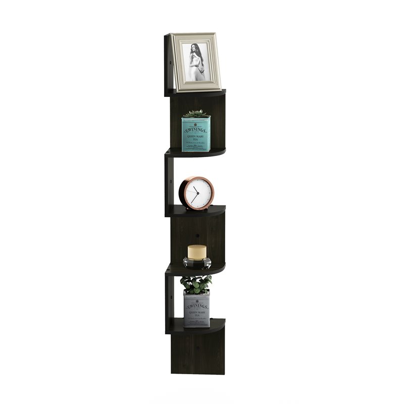 Maklaine Wood 5-Tier Wall Mount Floating Radial Corner Shelf in Espresso
