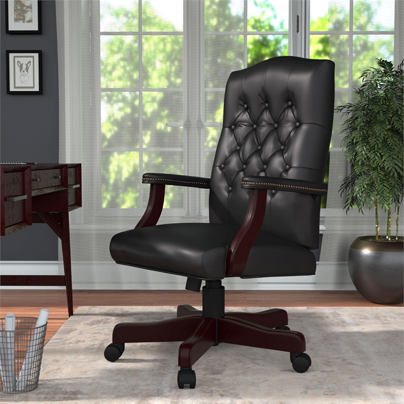 Maklaine Traditional High Back Faux Leather Tufted Executive Chair in Black