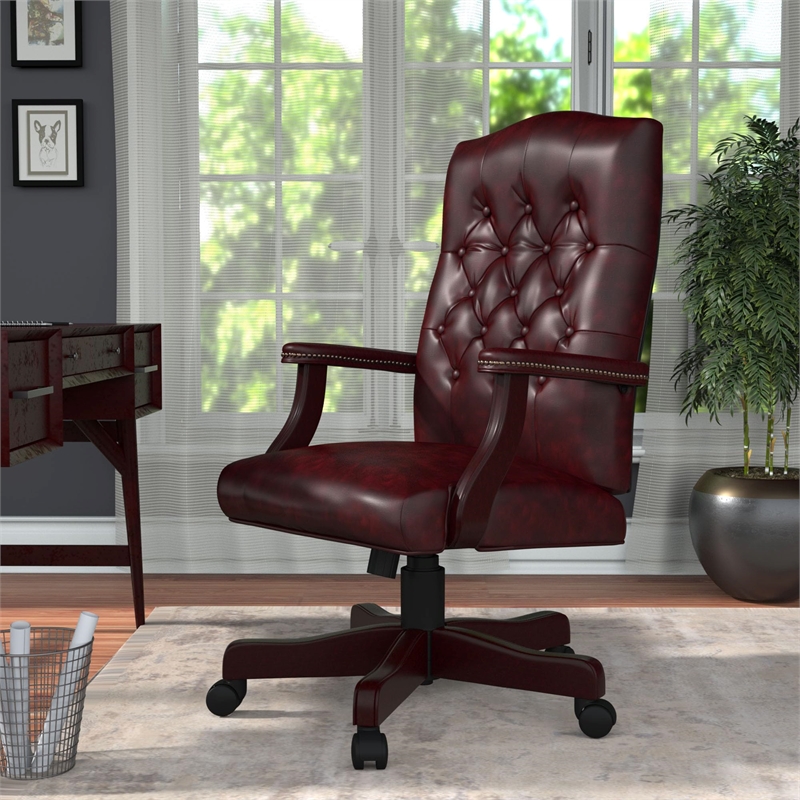 Maklaine Traditional High Back Faux Leather Tufted Executive Chair in Oxblood