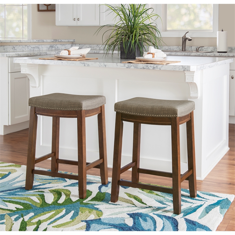 Maklaine Counter Stool Gray Woven Padded Seat Wood Frame in Rustic Brown