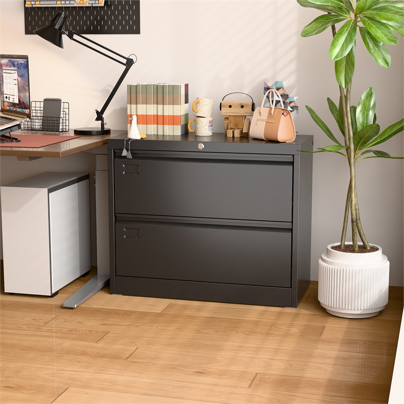 Maklaine 2-Drawer Steel Metal Lateral Locking Filing Cabinet with Lock in Black
