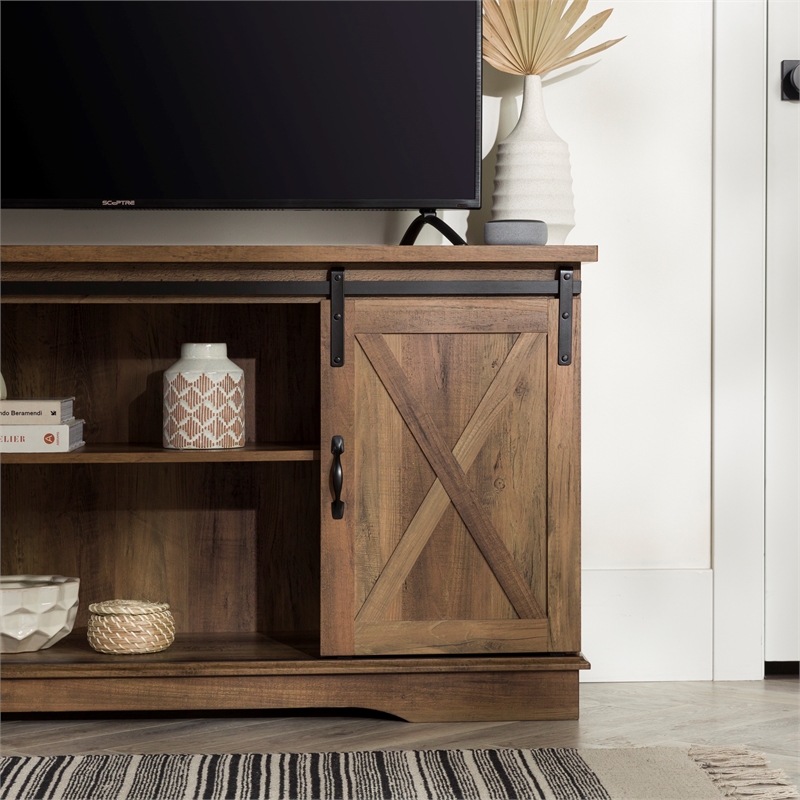 Maklaine Sliding Barn Door TV Stand Media Console in Reclaimed Barnwood Brown
