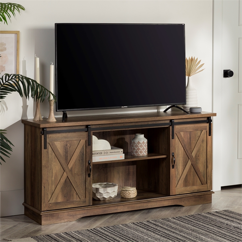 Maklaine Sliding Barn Door TV Stand Media Console in Reclaimed Barnwood Brown