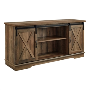 Maklaine Sliding Barn Door TV Stand Media Console in Reclaimed Barnwood Brown