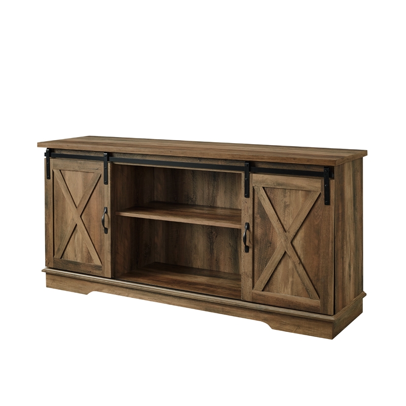 Maklaine Sliding Barn Door TV Stand Media Console in Reclaimed Barnwood Brown